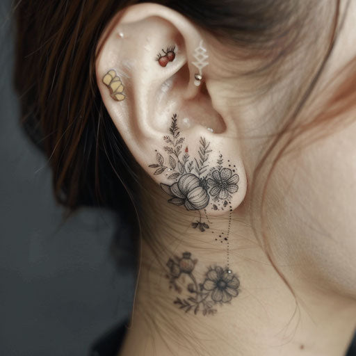 Ear tattoos in the style of Maria Sibylla Merian with botanical illustrations