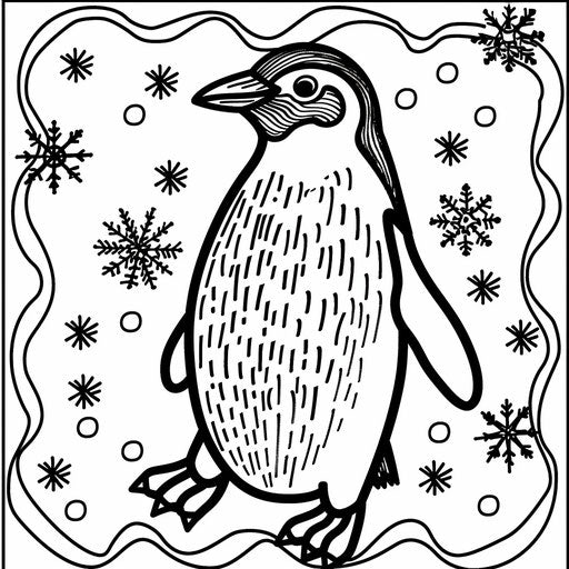 Bold penguin silhouette on a background of falling snowflakes