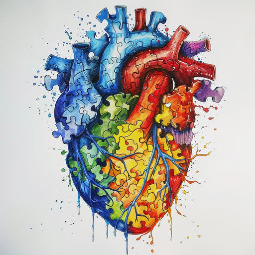 Anatomical heart tattoo design with autism puzzle pieces and vivid colors