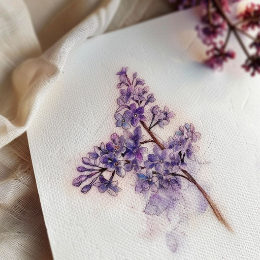 Watercolor style lilac tattoo on clean white paper