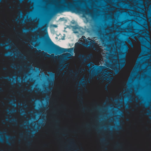 Transformation under the moon, tattered clothes, eerie glow, dynamic pose, cinematic style