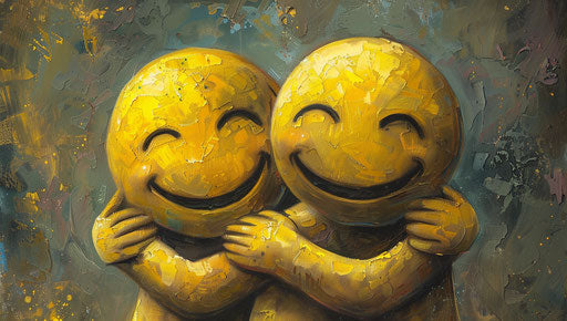 Two yellow smiling emoticoids hugging in a romantic style