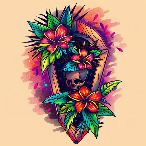 Exotic flat tattoo sketch of a coffin with tropical floral patterns and vivid colors