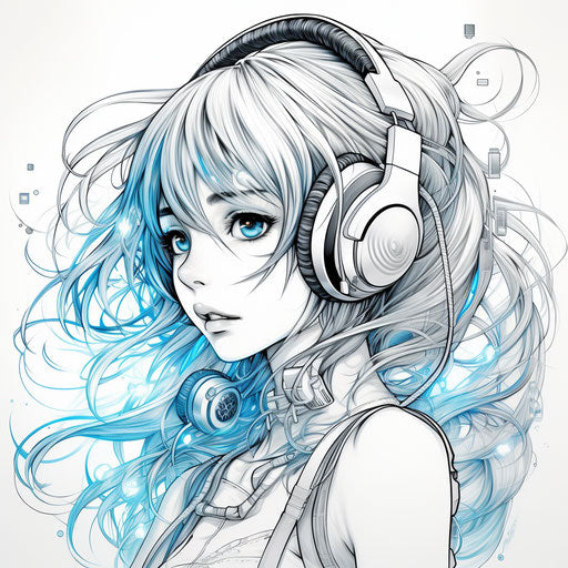 Anime girl with headphones coloring, hajime isayama style, light cyan and black