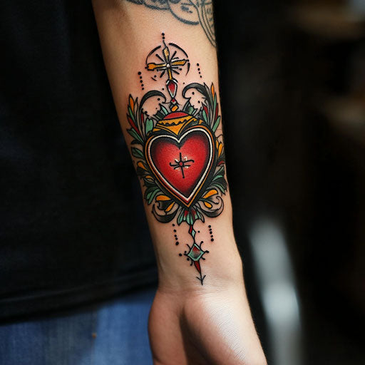 Christian tattoos for men with a sacred heart on the forearm in the style of Ed Hardy