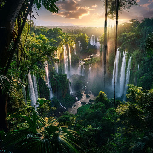 Iguazu Falls surrounded by dense greenery and vibrant colors