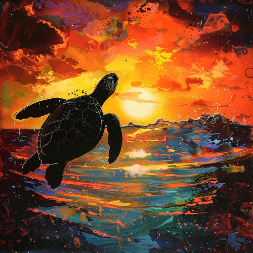 Sea turtle silhouette at sunset