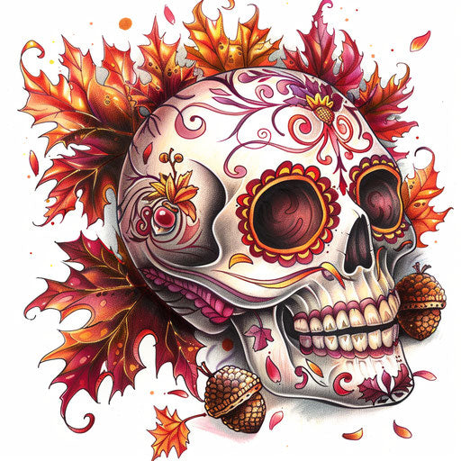 Sugar skull with swirling autumn leaves and acorns