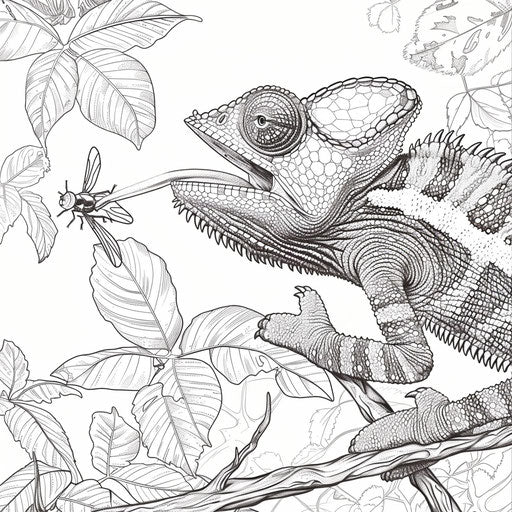 A chameleon catches a fly with its tongue. Coloring page