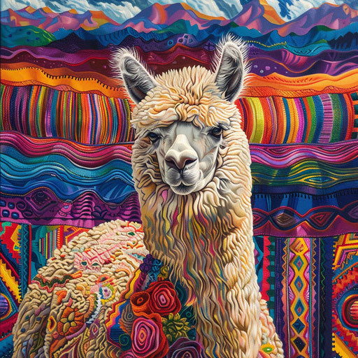 An alpaca among colorful Andean textiles