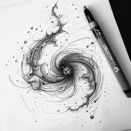 Dynamic flat tattoo of a swirling galaxy design using dots