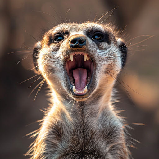 Meerkat mid-yawn, detailed close-up of teeth and expression, natural background