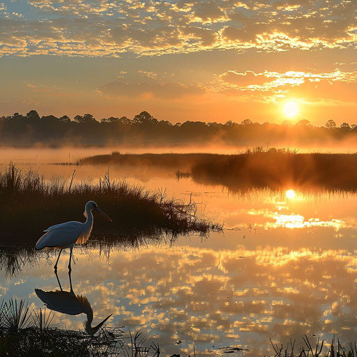 Serene sunrise over misty marshland, wood stork reflecting
