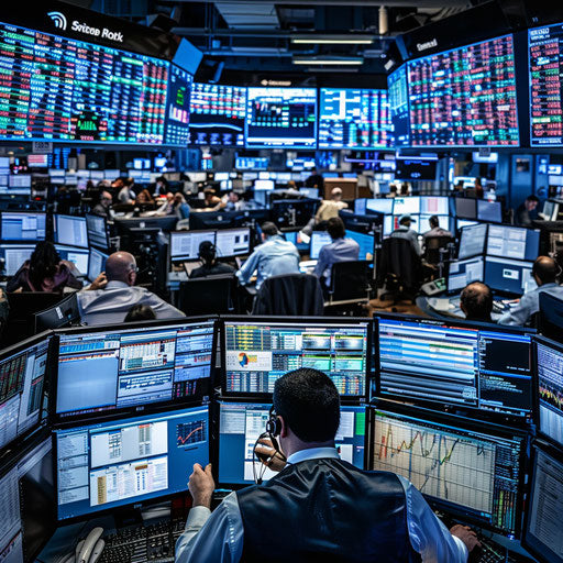 A bustling financial trading floor with analysts focused on monitors, intense and energetic atmosphere