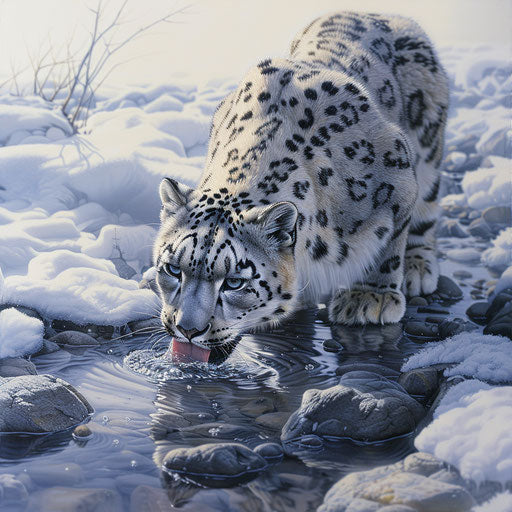 Snow leopard drinking from a thawing ice stream