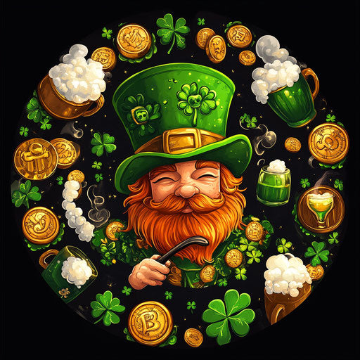 Clovers, gold coins, and green beer in Irish-themed design