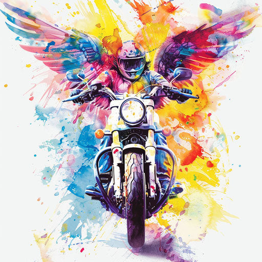 Watercolor tattoo of Archangel Michael with colorful abstract motorcycle