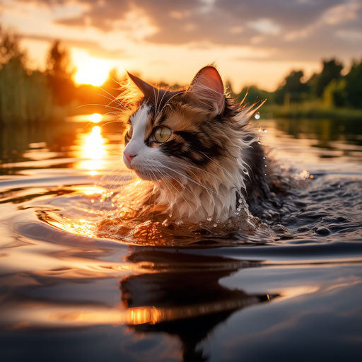 Calico cat swimming in a lake by the shore