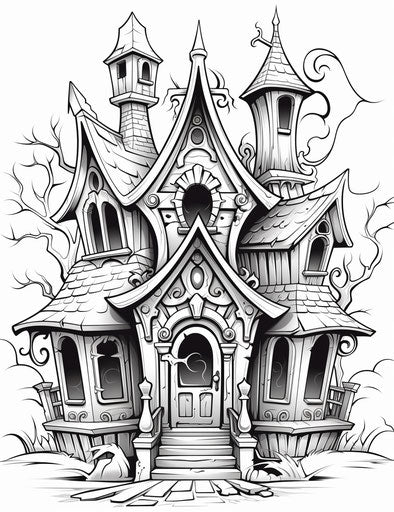 Halloween house coloring page, precise draftsmanship style, captivating 24:31