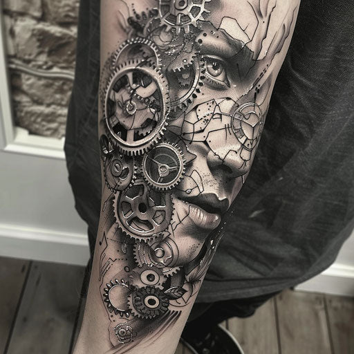 Mental Health Tattoos in the Style of Adrian Smith with Mechanical Gears