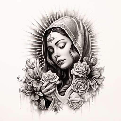 Black and white Mary tattoo, lithograph style, rough-edged 2D
