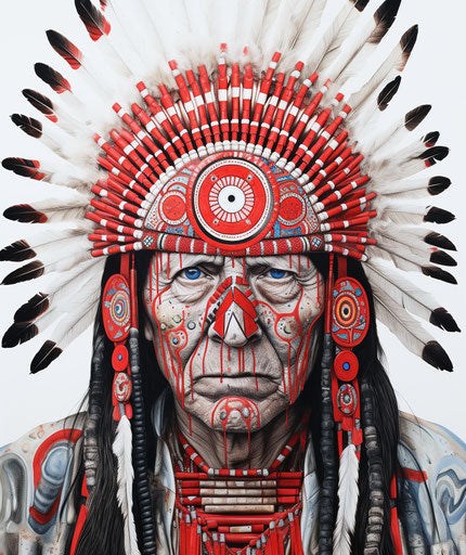 Tattooed Indian warrior, John Wayne Gacy style, white background