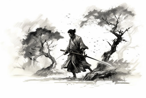 Yokozuna swordswoman and trees in light white and dark gray style