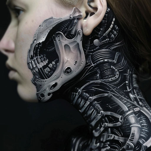 Female neck tattoos with sci-fi aesthetics