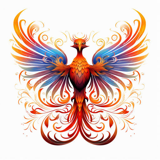 fiery phoenix on white background, stencil art style, balanced symmetry