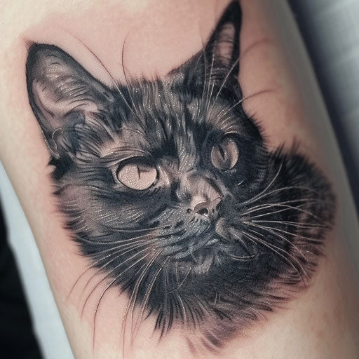 Realistic black cat tattoo on white background