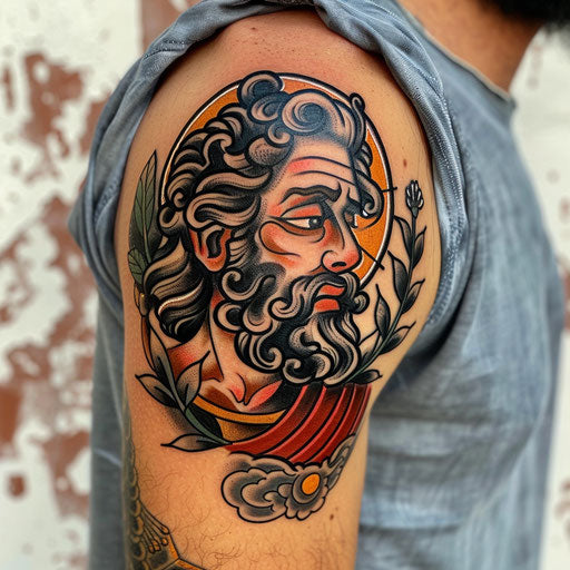 Divine tattoo with sailor motifs, in the style of Sailor Jerry