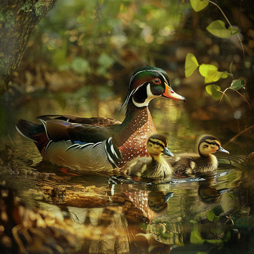 A tender moment of a wood duck with its ducklings