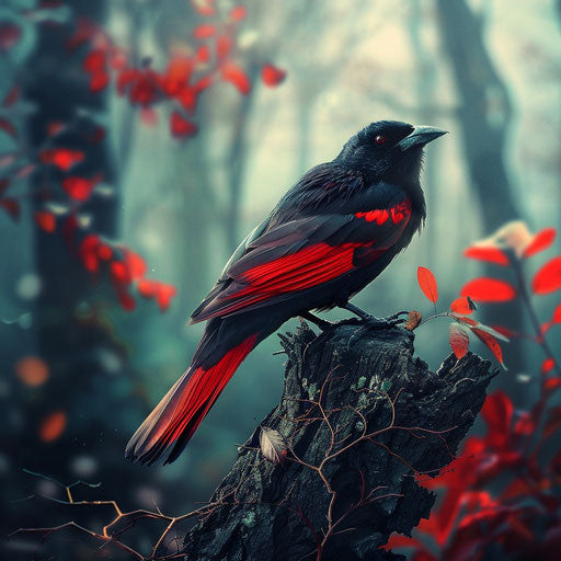 Black bird with red wings on tree trunk