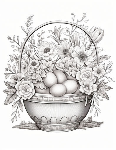 Easter basket coloring page, exquisite black and white engravings, realistic nature-based patterns, subtle