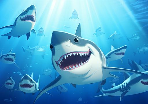 Playful animation of sharks