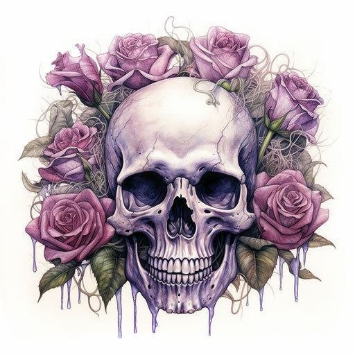 Skull with roses and eyes, botanical watercolor style