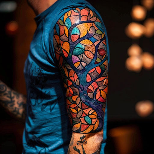 Men's half sleeve tattoo in Guy Aitchison style, vibrant abstract patterns