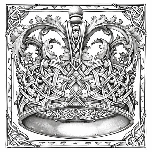 Intricate Celtic crown with knot designs, coloring page