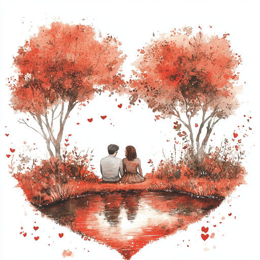 Heart-shaped lake with two people on the shore