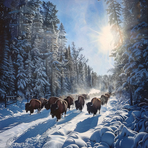 Wood bison herd moving in snowy landscape under bright sun