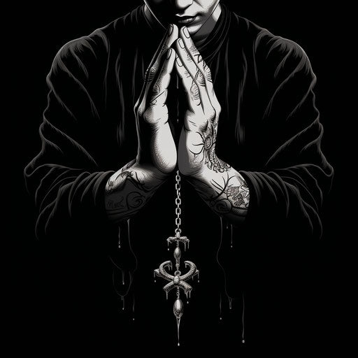Praying hands and rosary in realistic tattoo style