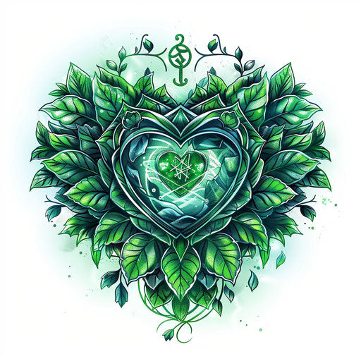 Green Heart Chakra tattoo illustration, interwoven leaves and air symbols on white background.