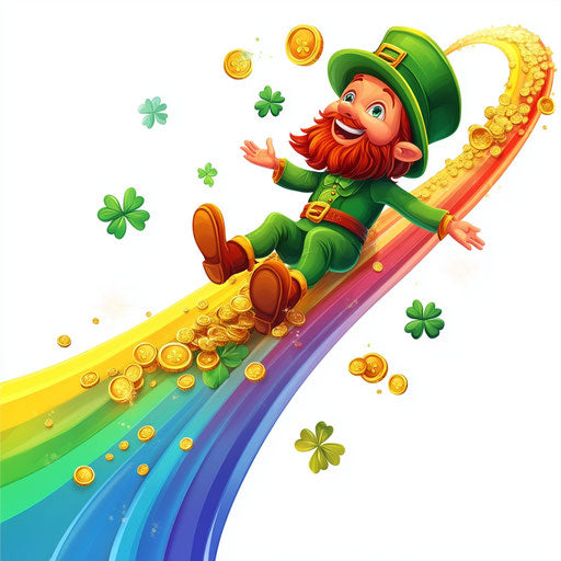 St. Patrick's Day leprechaun sliding down rainbow with gold coins