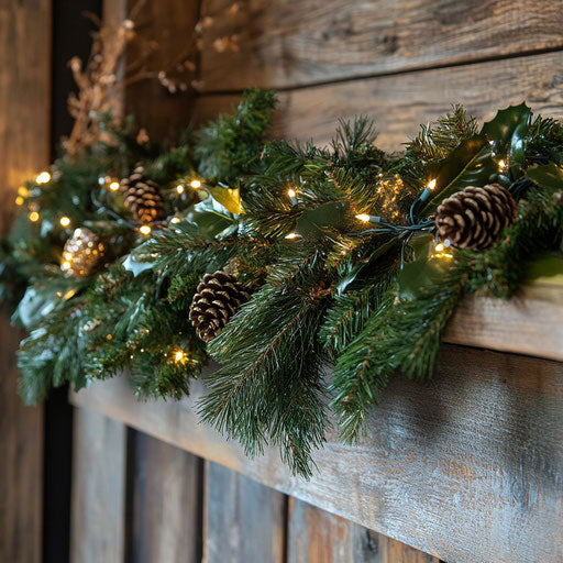 Luxurious Christmas garland on rustic wooden mantel