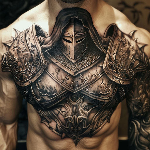 Cool tattoos for men with knight in armor Adrian Smith style, chest