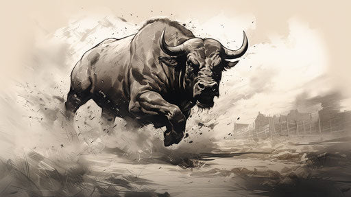 Bull running in countryside, detailed graphite sketch style