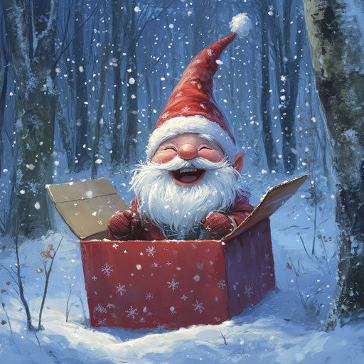 Surprise prank of the gnome in the snowy forest