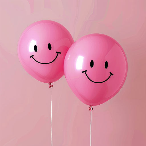 Two pink smiley face balloons on a solid pink background