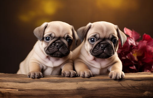 Two small pug puppies on a wood board