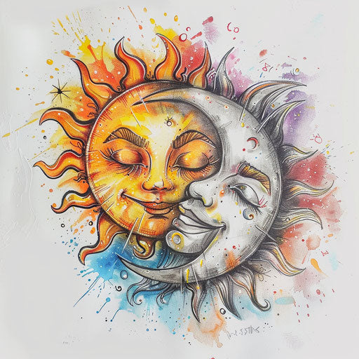 Whimsical tattoo sketch of a smiling sun and winking moon, playful colors